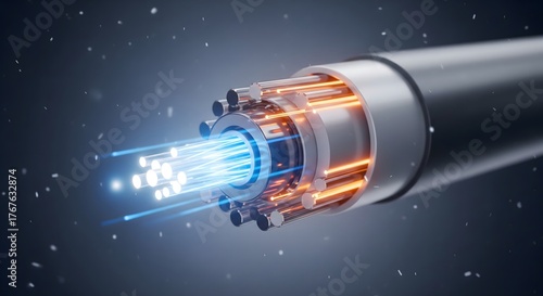 Close-up 3D illustration of a fiber optic cable cross-section showing high-speed digital data transmission with blue and orange light trails on a dark background