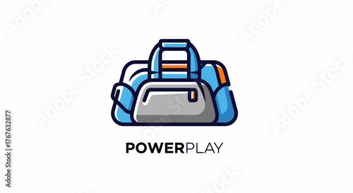 Illustration of a blue and gray duffel bag with the word POWERPLAY underneath it.