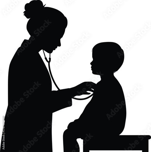Black silhouette of doctor examining child with stethoscope on medical bench for pediatric care, health checkup, and vector illustration.