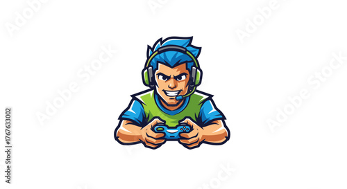 Intense male gamer character with blue hair wearing a headset and holding a controller.