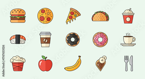 A collection of colorful, flat-design icons representing various popular food and drink items.