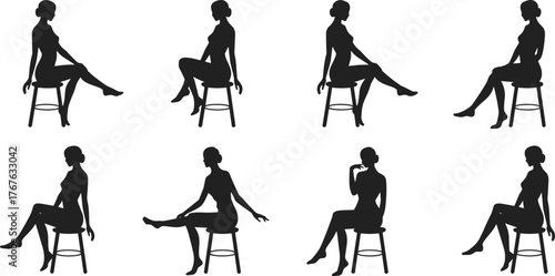 Set of 8 black silhouette seated figure poses on stool for vector design, gesture drawing, posture reference, and artistic illustration.