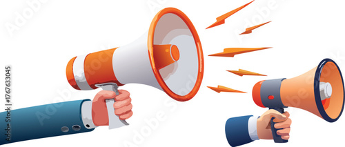 Megaphone announcement. Support hand with megaphone 3d cartoon.