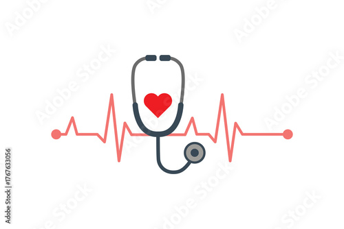 Stethoscope with Heart and ECG Line, Medical Health Care Concept Illustration