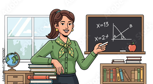 Smiling female teacher in a classroom setting, standing next to a blackboard with math equations and a geometric diagram, surrounded by books and a globe.