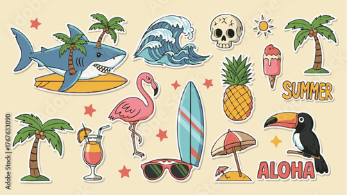 Aloha Tropical Beach Summer Sticker Illustration Set