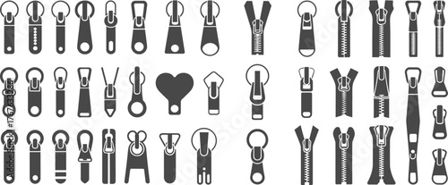 Set of 48 zipper pull vector icons in assorted shapes for garment accessories, fashion design, textile hardware, closure elements
