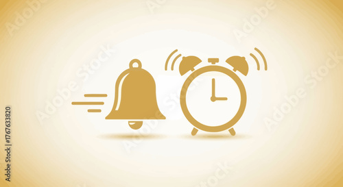 Golden alarm clock and notification bell illustration, time management and reminder concept