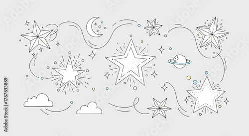 Hand-drawn celestial illustration with stars moon clouds and planet for creative design projects