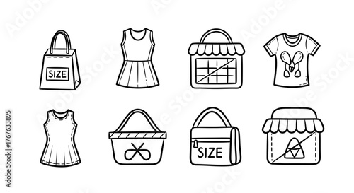 Minimalist outline icons of fashion apparel and accessories for e-commerce