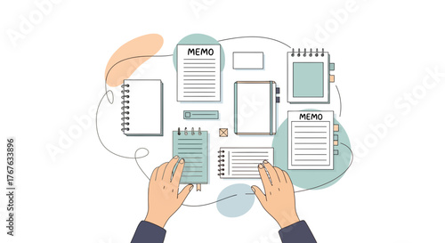 Hands organizing notes, memos and documents on a desk for effective planning and managing time