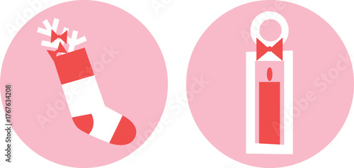 Christmas and Happy New Year. Winter Holiday. Merry Christmas modern design, holiday gifts, winter elements, candles, Christmas tree, village and Xmas decorations.	
