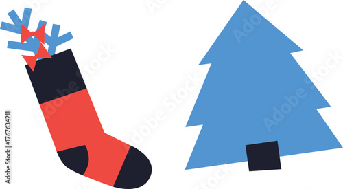 Christmas and Happy New Year. Winter Holiday. Merry Christmas modern design, holiday gifts, winter elements, candles, Christmas tree, village and Xmas decorations.	
