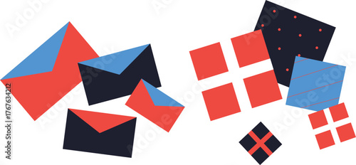 Christmas and Happy New Year. Winter Holiday. Merry Christmas modern design, holiday gifts, winter elements, candles, Christmas tree, village and Xmas decorations.	
