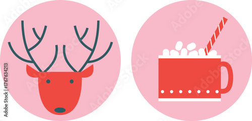 Christmas and Happy New Year. Winter Holiday. Merry Christmas modern design, holiday gifts, winter elements, candles, Christmas tree, village and Xmas decorations.	
