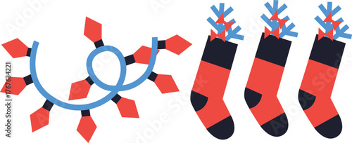 Christmas and Happy New Year. Winter Holiday. Merry Christmas modern design, holiday gifts, winter elements, candles, Christmas tree, village and Xmas decorations.	
