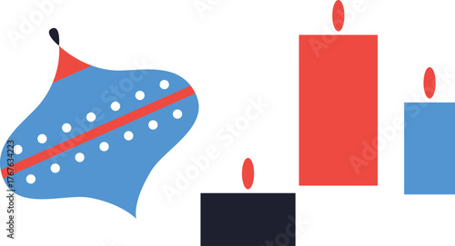 Christmas and Happy New Year. Winter Holiday. Merry Christmas modern design, holiday gifts, winter elements, candles, Christmas tree, village and Xmas decorations.	
