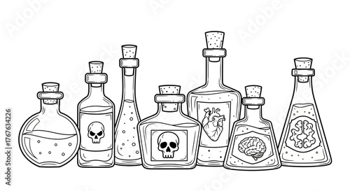 Vintage apothecary bottles with organ and skull labels in black and white style
