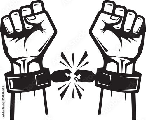 Breaking Free: Vector Graphic of Fists Breaking Shackles - Symbol of Freedom, Liberation, and Overcoming Oppression in Black and White