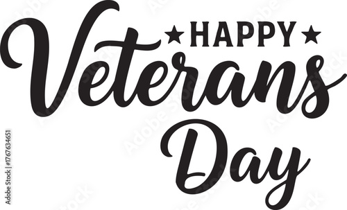 Happy Veterans Day Black and White Calligraphic Text with Stars Vector Graphic for Holiday Greeting Card or Poster Design