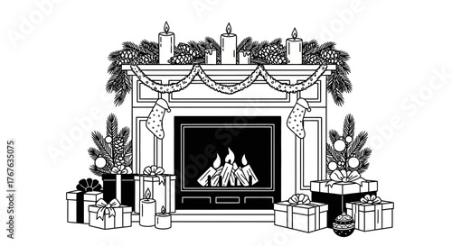 Elegant christmas fireplace with garland, gifts, and candles in black and white