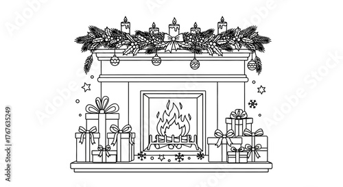 Cozy christmas fireplace decor with gifts and garland in linear style