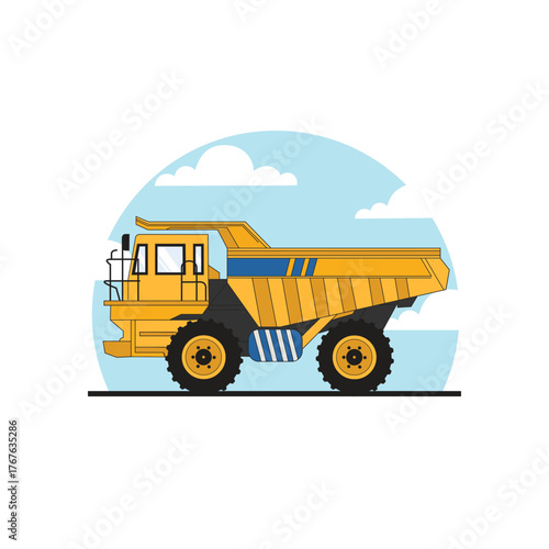 Vector illustration of a yellow big truck on a construction site with sky background, heavy industrial vehicle for mining, transportation and earthmoving concept art.