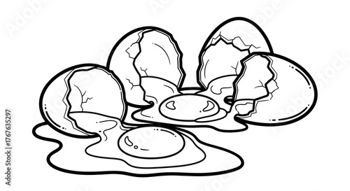 Cracked egg shells and splattered yolks in black and white outline art