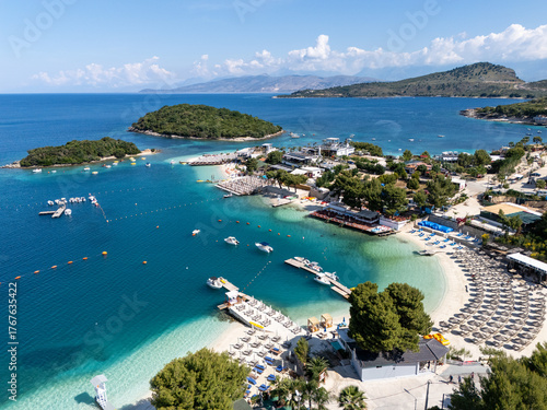 Ksamil Beach in Sarande aerial view in North Macedonia