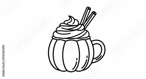 Pumpkin spice latte with whipped cream in outline style