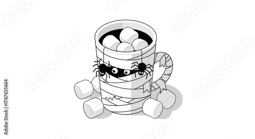 Halloween mummy mug with marshmallows and spiders