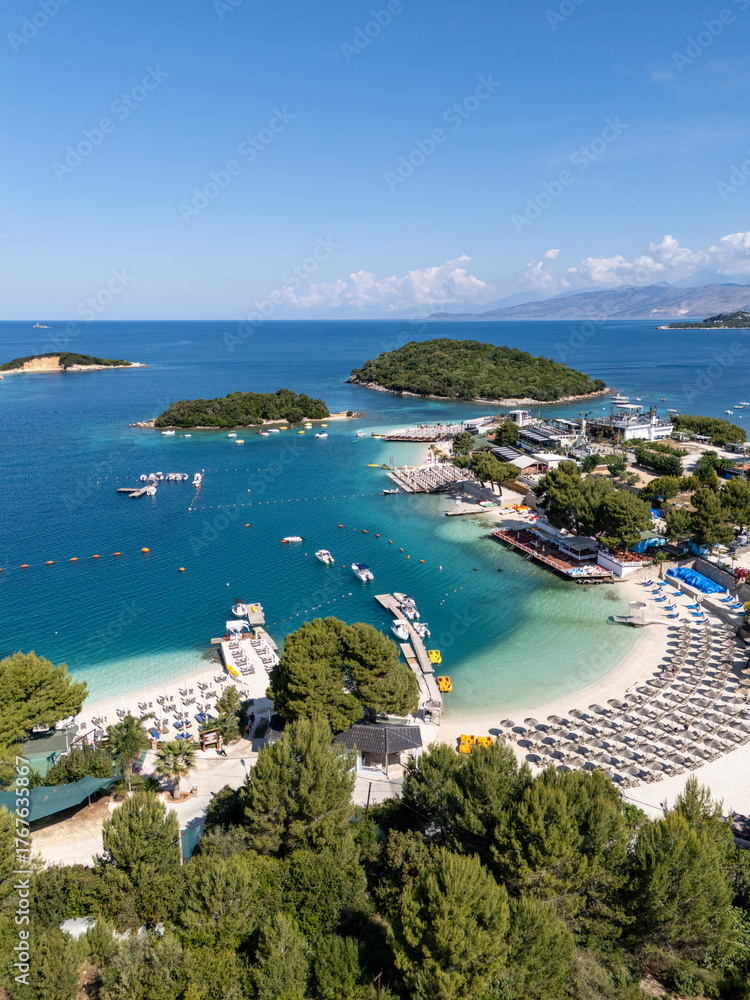 Obraz premium Ksamil Beach in Sarande aerial view in North Macedonia