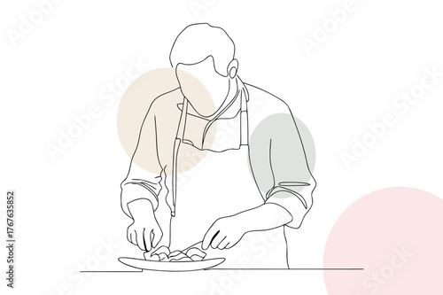 Chef arranging food on plate with fork and knife cooking