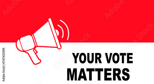 Vote matters graphic with megaphone on red and white background.