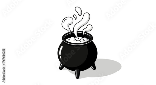 Black cauldron with boiling potion and rising steam in isometric style
