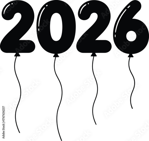Whimsical balloon shaped numbers 2026 with dangling strings in silhouette style for festive celebrations and new year designs