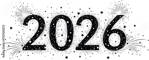 Elegant solid black silhouette of the year 2026 formed by dynamic fireworks trails and scattered stars on a clean white background for a festive celebration