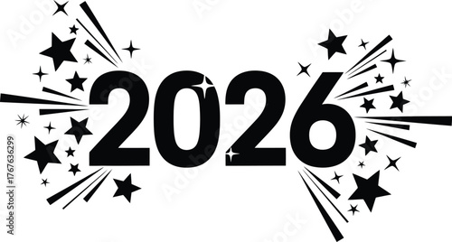 Stylized 2026 numbers adorned with shimmering stars and sparkling silhouettes for festive and celebratory designs