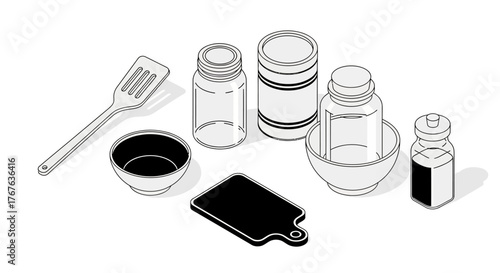 Isometric kitchen utensils and containers on white background