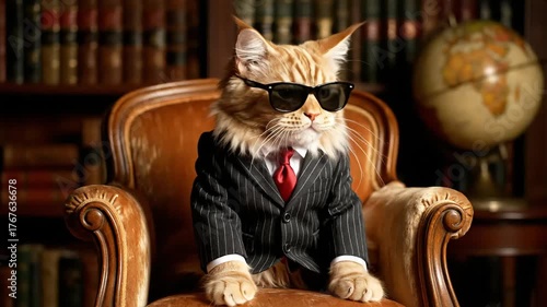 Regal Ginger Cat in Suit and Sunglasses Sitting in Luxurious Armchair