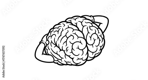 Line art brain with arms reflecting mental stress and overthinking