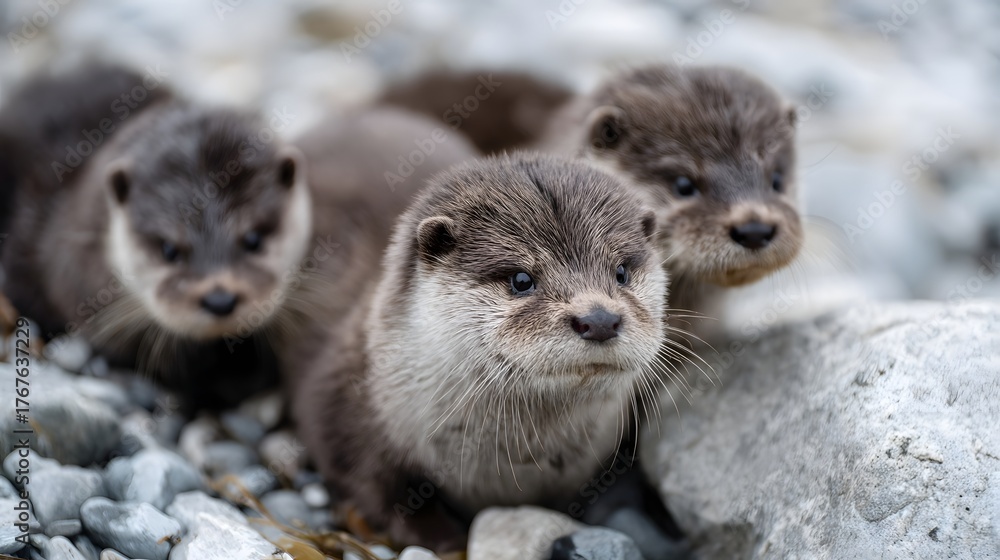 Obraz premium Three young otters resting on a pebble strewn riverbank