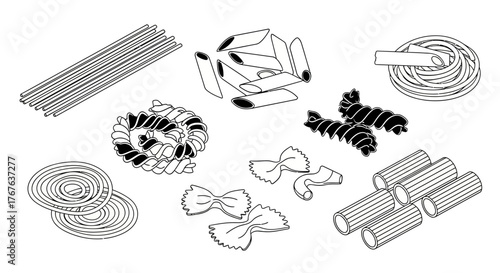 Assorted pasta types in black and white linear style