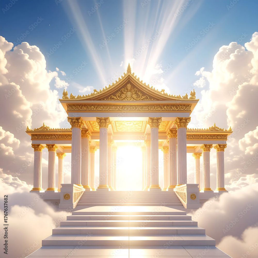 Obraz premium Majestic temple in the sky with radiant light and clouds aesthetic concept