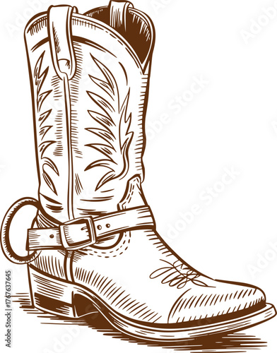 Classic wild west cowboy boot illustration, black and white vintage engraving, tall leather boot with stitched patterns and metal spur, hand-drawn monochrome vector line art isolated on white backgrou