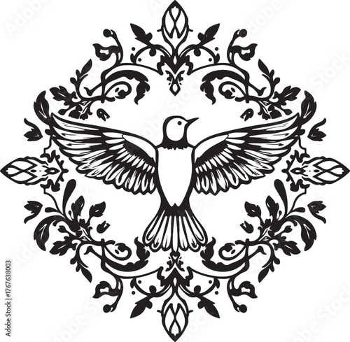 Floral Bird Silhouette with Ornamental Flowers
Vintage Dove and Floral Pattern Decorative Design
Elegant Bird with Floral Frame Vector Art