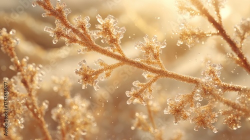 Delicate Nature Frost on Branches Glimmering in Soft Morning Light