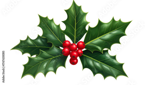 Sprig of holly with red berries isolated on a transparent background