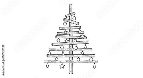 Handcrafted wooden christmas tree with ornaments and stars in black and white