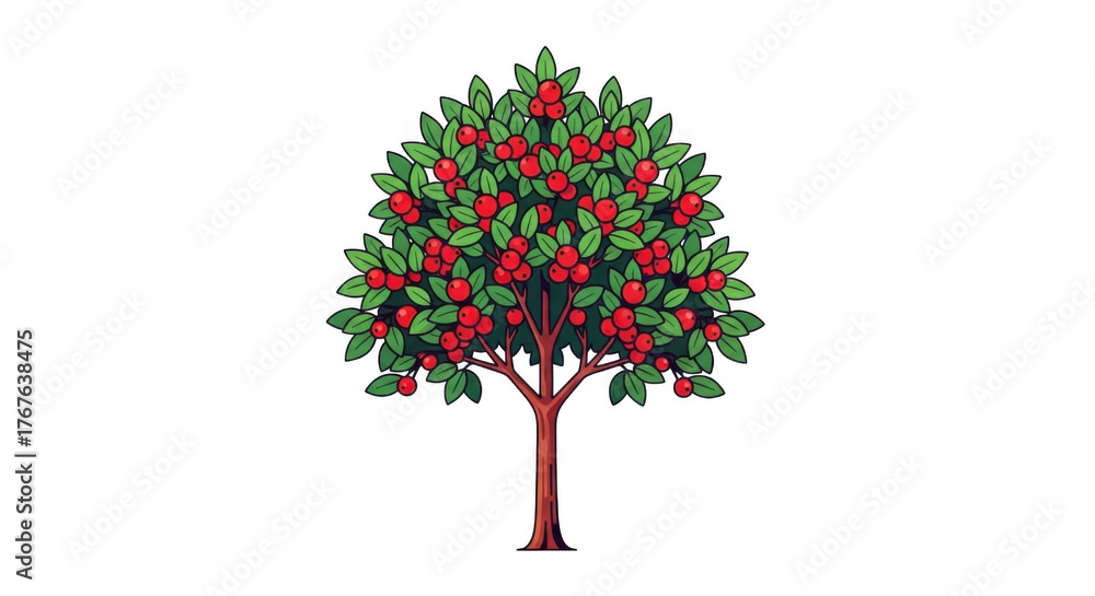 Obraz premium Illustration of an apple tree with red apples and green leaves on a transparent background. Vibrant abstract apple tree with red and green leaves in festive colors